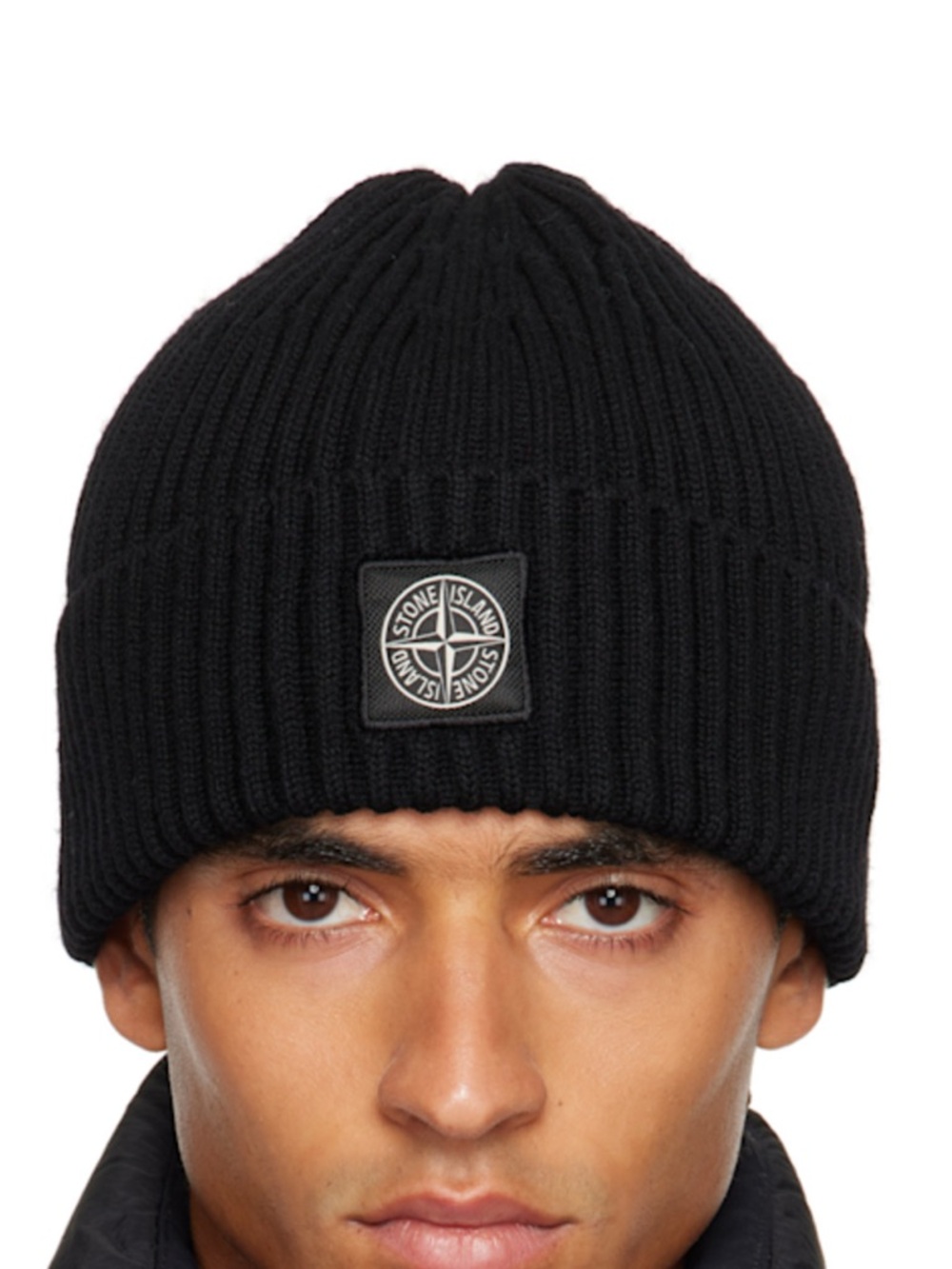 Stone Island Black Ribbed Knit Cuffed Beanie with Logo Patch
